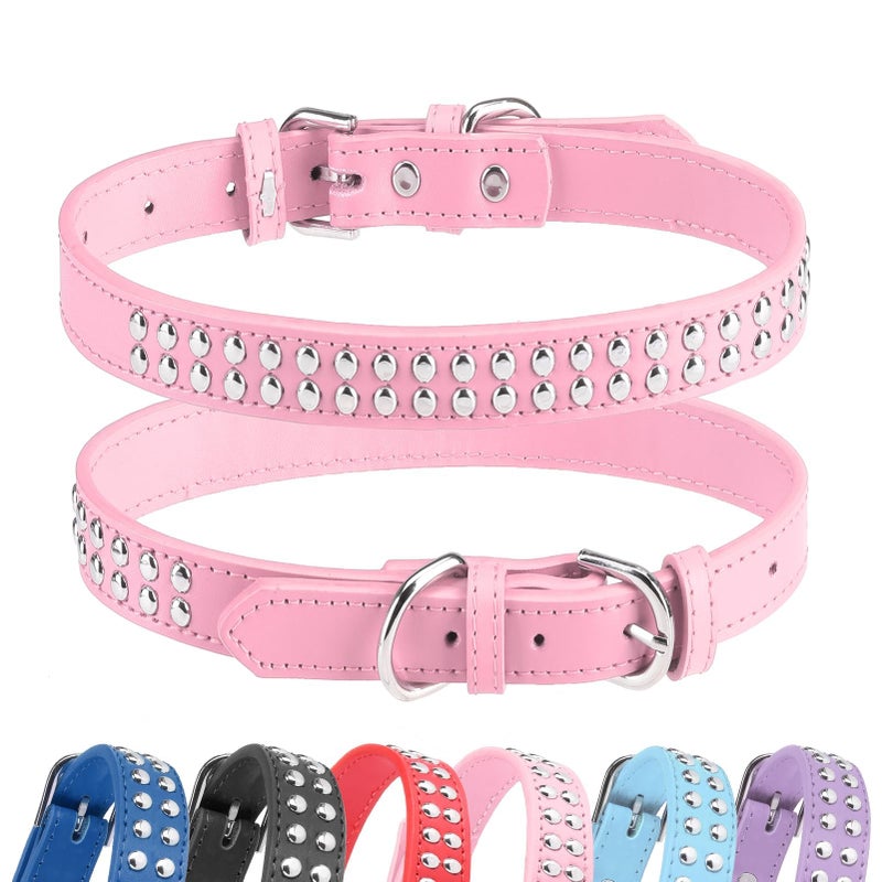 BINGPET BA2006 Adjustable Dog Real Split Leather Studded Pet Dog Collar, Durable Doggy Collars for Small Medium Large Dogs - Pink L - Image 1